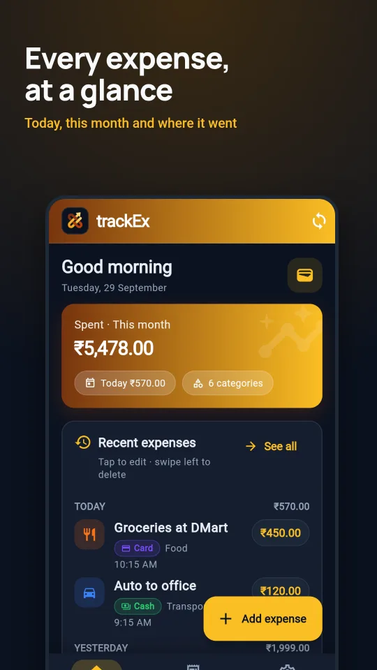 trackEx home screen showing this month's spending and recent expenses grouped by day