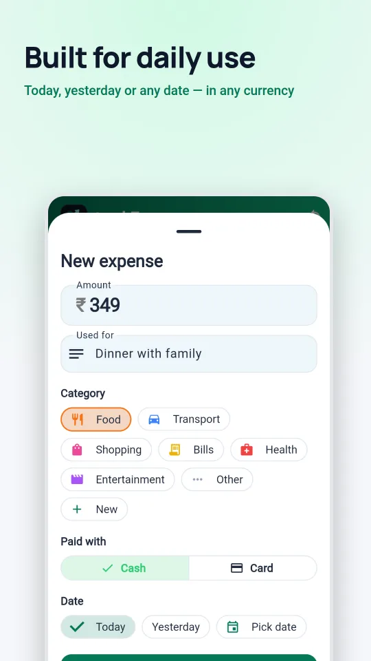Adding an expense in the light theme